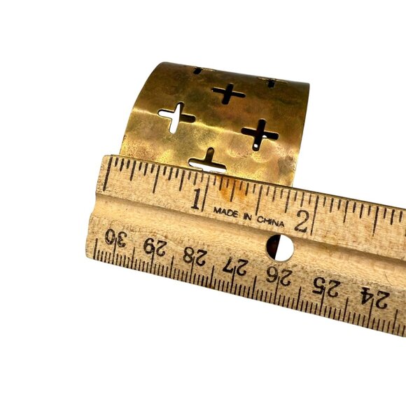 Vintage Open Work Crosses Wide Cuff Bangle Bracelet Brass Tone Boho Timeless - Picture 4 of 4